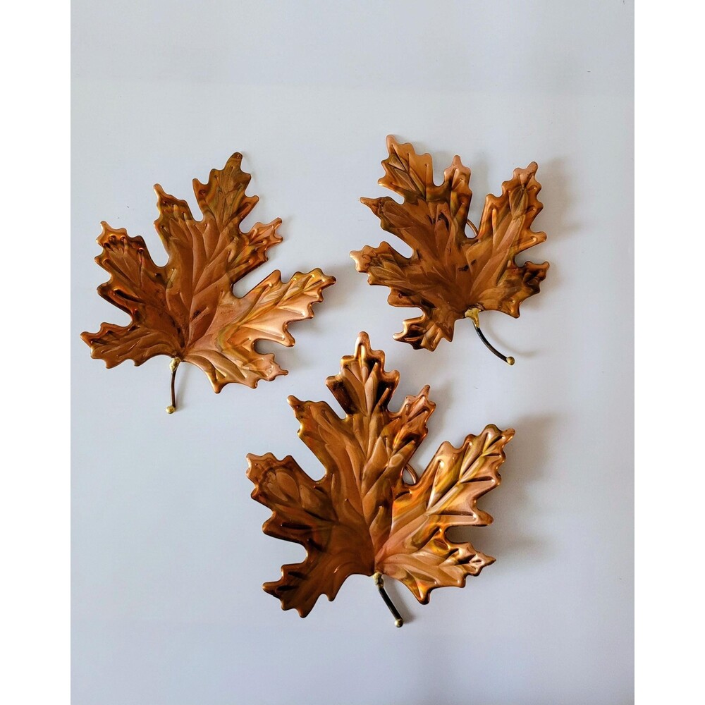 Vintage Copper Maple Leaves 3 Pc Wall Hangings Fall Autumn MCM Wall Art 3D